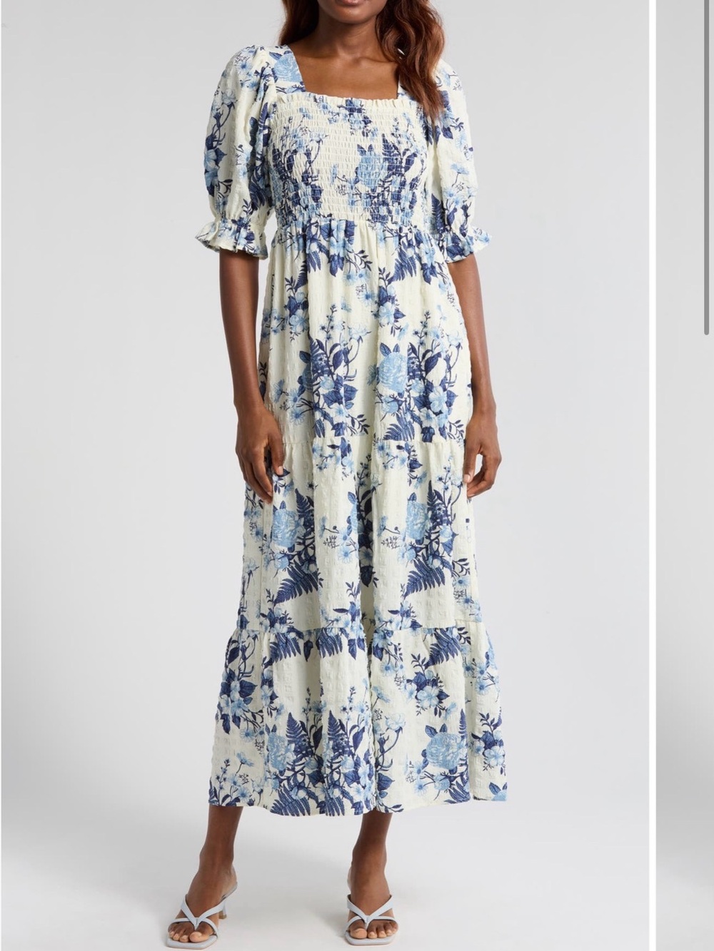 Smocked Square-Neck Blue Floral Maxi Dress